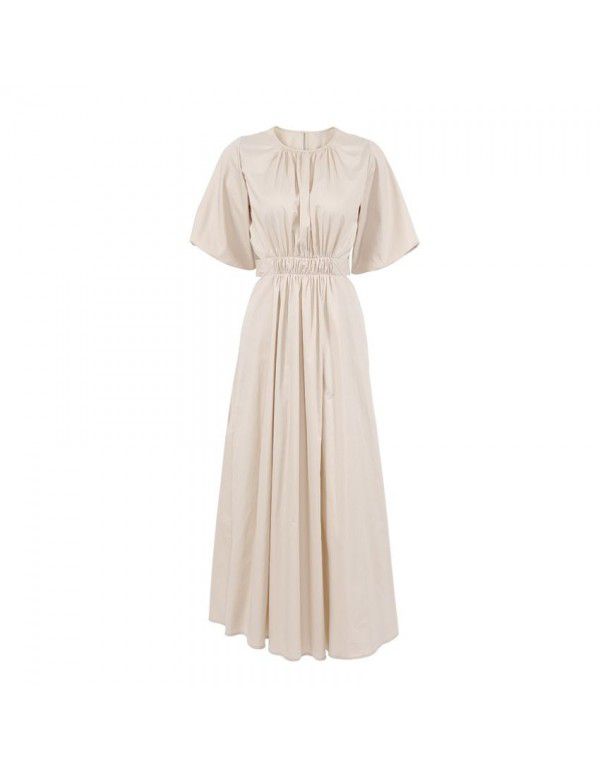 Summer New Lace Cut Out Design Short Sleeve Bubble Sleeve Round Neck Pleated Women's Long Dress Summer
