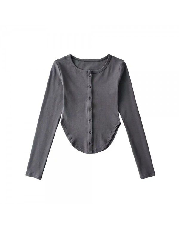 Long-sleeve T-shirt at the hem Women's pure lust design sense Slim fit and thin bottom shirt top 
