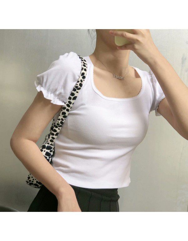 Small crowd design auricle edge bubble sleeve square collar exposed collarbone short sleeve T-shirt female 