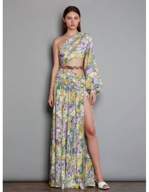 Summer New European and American Women's Sexy Oblique Shoulder Long Sleeve Fragmented Flower Dress Long Dress High End Large Swing Fragmented Flower Dress