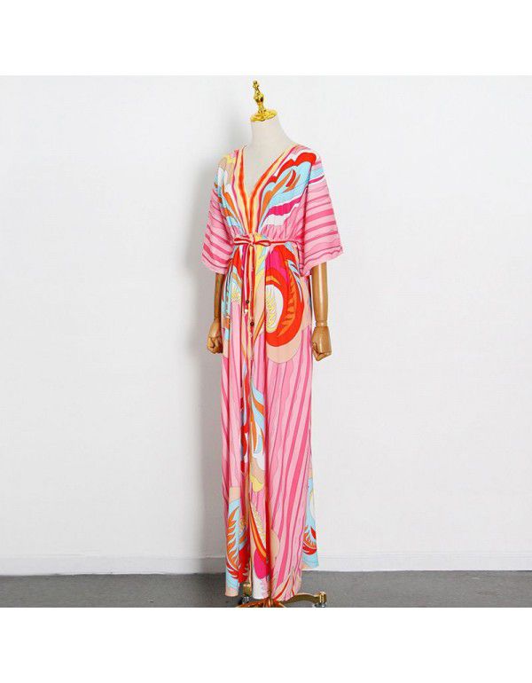 Summer Style Personalized V-Neck Waistband Temperament Print Lace Up Long Dress