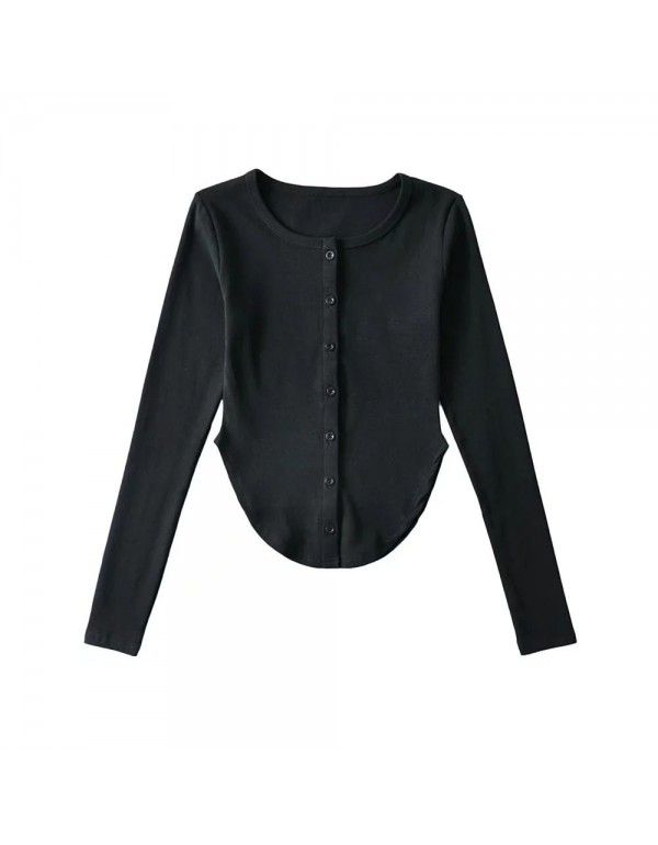 Long-sleeve T-shirt at the hem Women's pure lust design sense Slim fit and thin bottom shirt top 