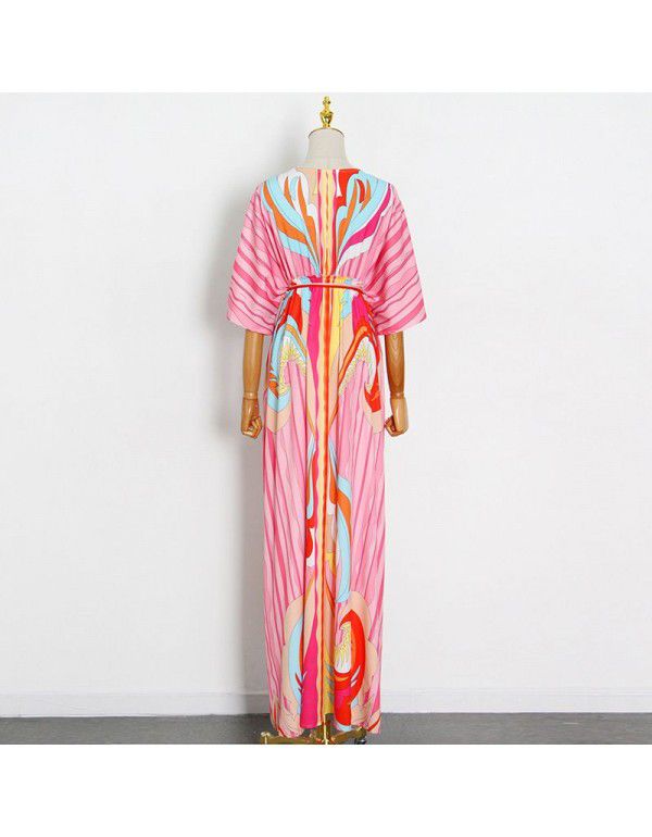 Summer Style Personalized V-Neck Waistband Temperament Print Lace Up Long Dress