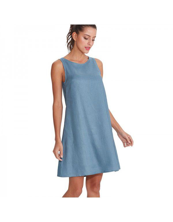 Women's linen cotton vest skirt Klein blue sleeveless cotton linen dress