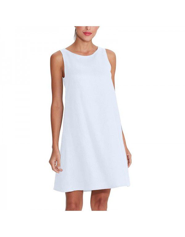 Women's linen cotton vest skirt Klein blue sleeveless cotton linen dress