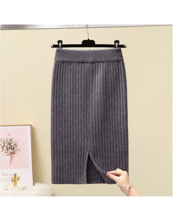Thickened Split Knitted Halfskirt Wrapped Hip One Step Dress Women's Mid Length Autumn Winter New Long Dress Woolen Skirt 