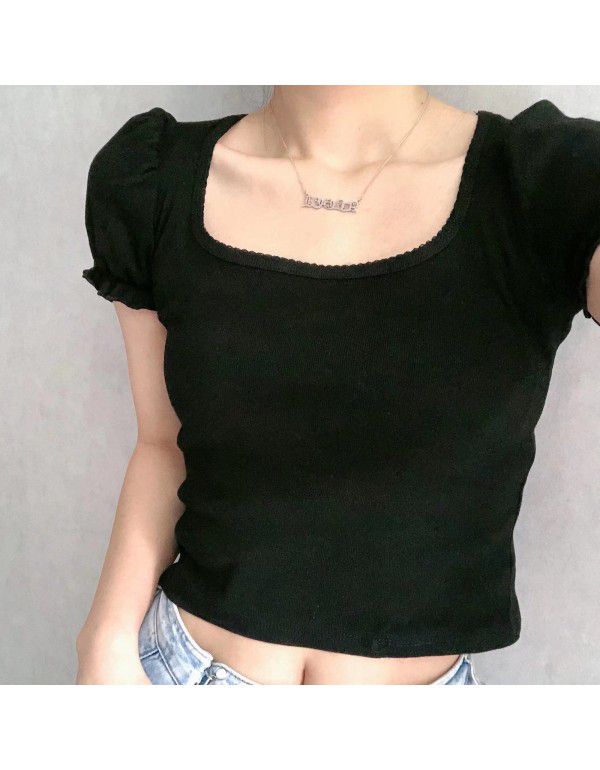 Small crowd design auricle edge bubble sleeve square collar exposed collarbone short sleeve T-shirt female 