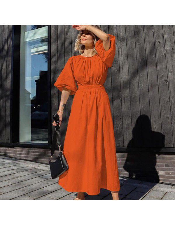 Summer New Lace Cut Out Design Short Sleeve Bubble Sleeve Round Neck Pleated Women's Long Dress Summer