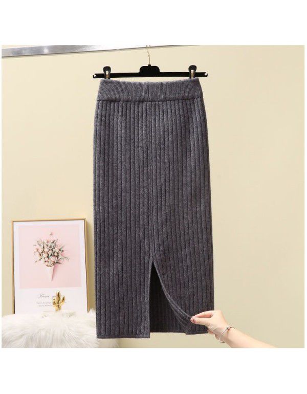 Thickened Split Knitted Halfskirt Wrapped Hip One Step Dress Women's Mid Length Autumn Winter New Long Dress Woolen Skirt 