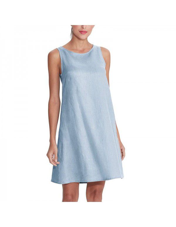 Women's linen cotton vest skirt Klein blue sleeveless cotton linen dress