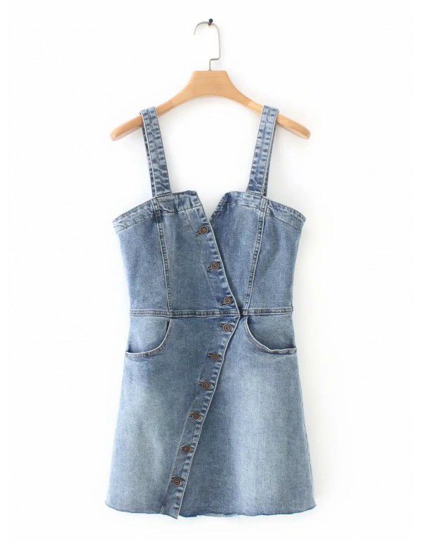 Spring/Summer Wrapped Chest Diagonal Button Denim Skirt Slim Fit Slim Slim Slim Slim Strap Dress Trendy Denim Skirt