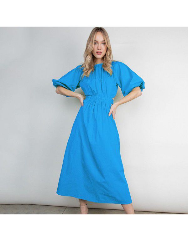 Summer New Lace Cut Out Design Short Sleeve Bubble Sleeve Round Neck Pleated Women's Long Dress Summer