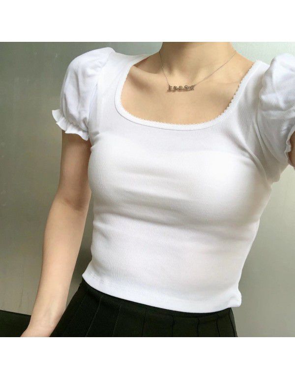 Small crowd design auricle edge bubble sleeve square collar exposed collarbone short sleeve T-shirt female 