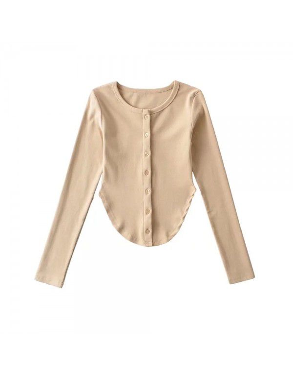 Long-sleeve T-shirt at the hem Women's pure lust design sense Slim fit and thin bottom shirt top 