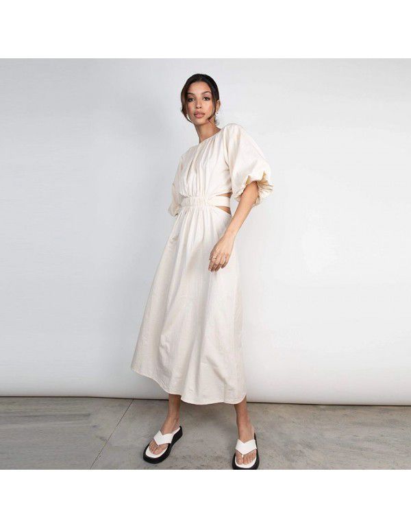 Summer New Lace Cut Out Design Short Sleeve Bubble Sleeve Round Neck Pleated Women's Long Dress Summer