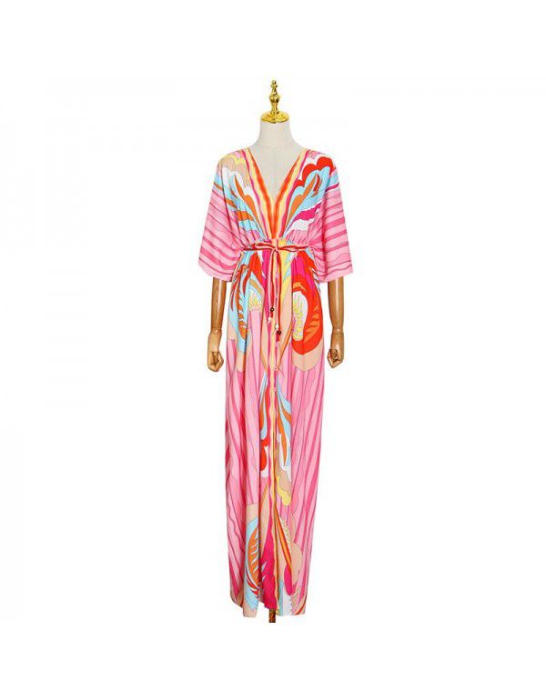 Summer Style Personalized V-Neck Waistband Temperament Print Lace Up Long Dress