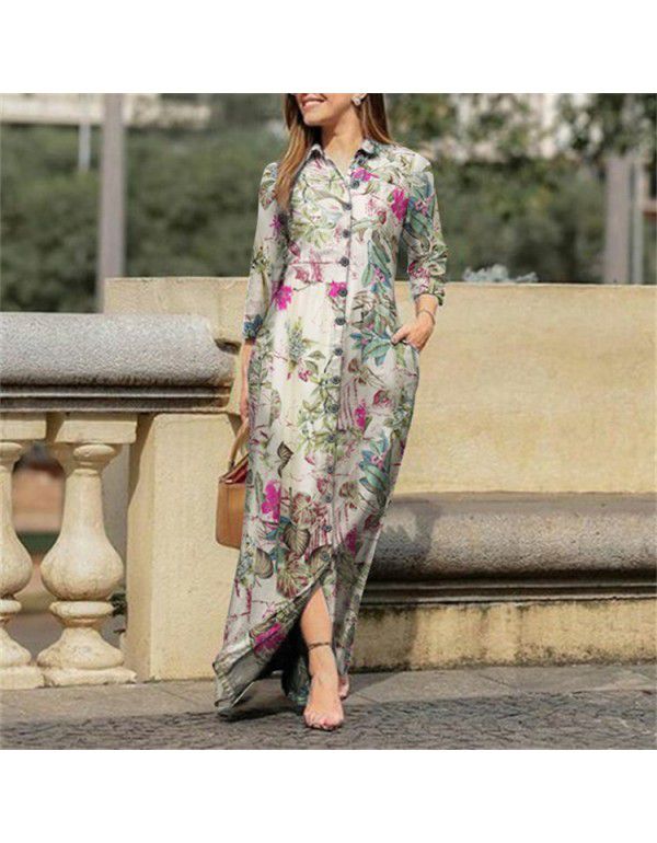 Women's holiday casual lapel long-sleeved gown long flower printed cotton dress button shirt long 