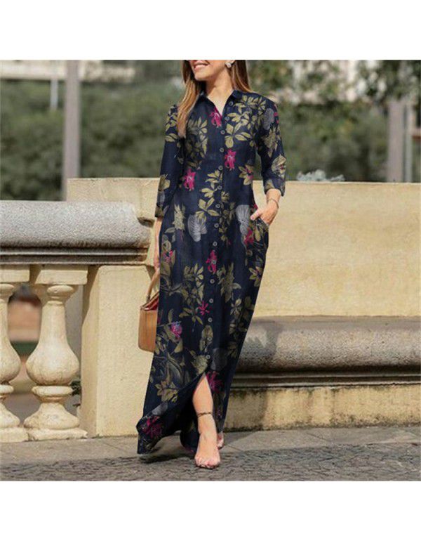 Women's holiday casual lapel long-sleeved gown long flower printed cotton dress button shirt long 