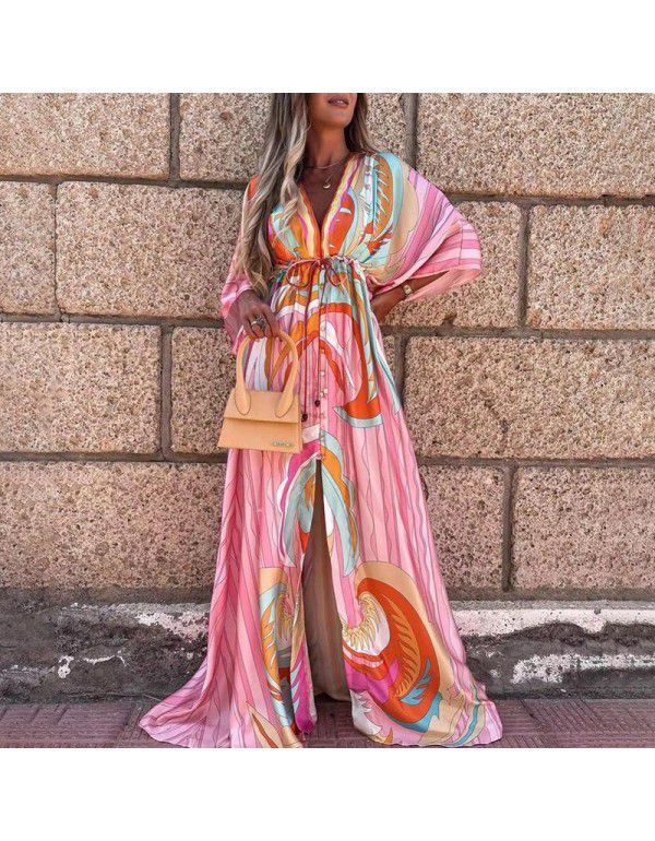 Summer Style Personalized V-Neck Waistband Temperament Print Lace Up Long Dress