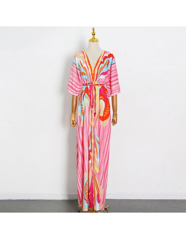 Summer Style Personalized V-Neck Waistband Temperament Print Lace Up Long Dress