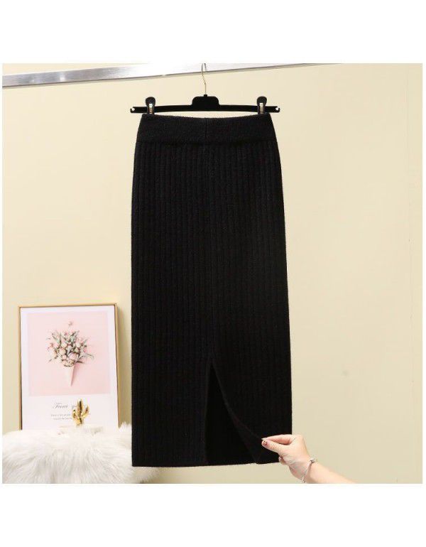Thickened Split Knitted Halfskirt Wrapped Hip One Step Dress Women's Mid Length Autumn Winter New Long Dress Woolen Skirt 
