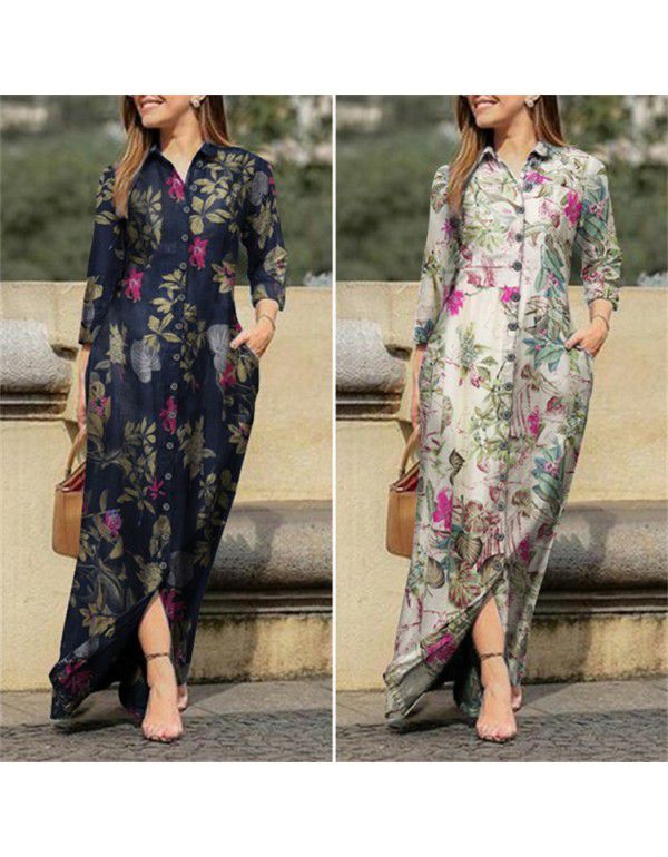 Women's holiday casual lapel long-sleeved gown long flower printed cotton dress button shirt long 