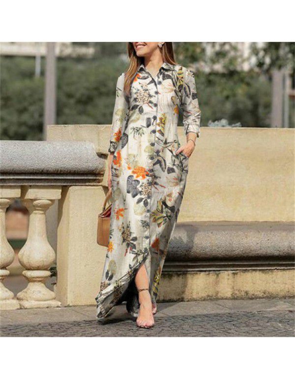 Women's holiday casual lapel long-sleeved gown long flower printed cotton dress button shirt long 