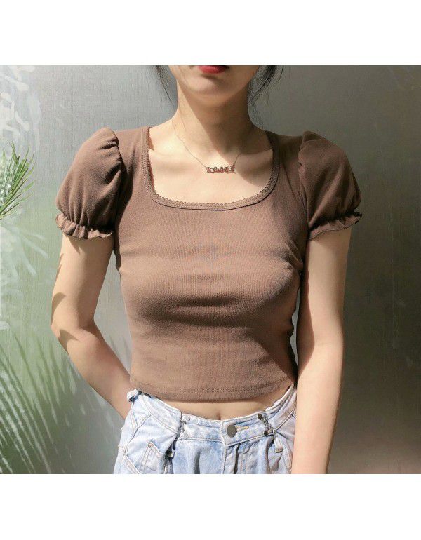 Small crowd design auricle edge bubble sleeve square collar exposed collarbone short sleeve T-shirt female 