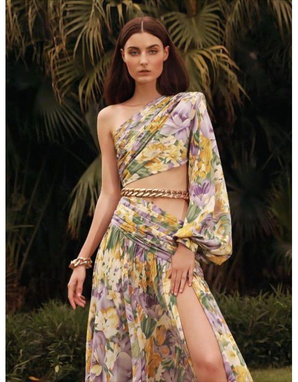 Summer New European and American Women's Sexy Oblique Shoulder Long Sleeve Fragmented Flower Dress Long Dress High End Large Swing Fragmented Flower Dress