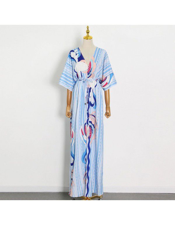 Summer Style Personalized V-Neck Waistband Temperament Print Lace Up Long Dress