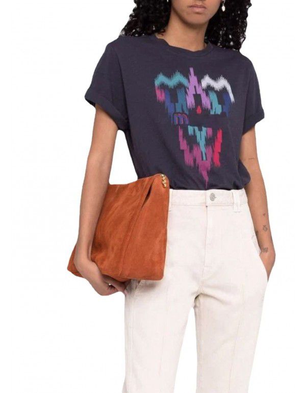 Spring and summer French vintage bamboo print contrast round neck pullover fashion versatile top women's short-sleeved T-shirt 