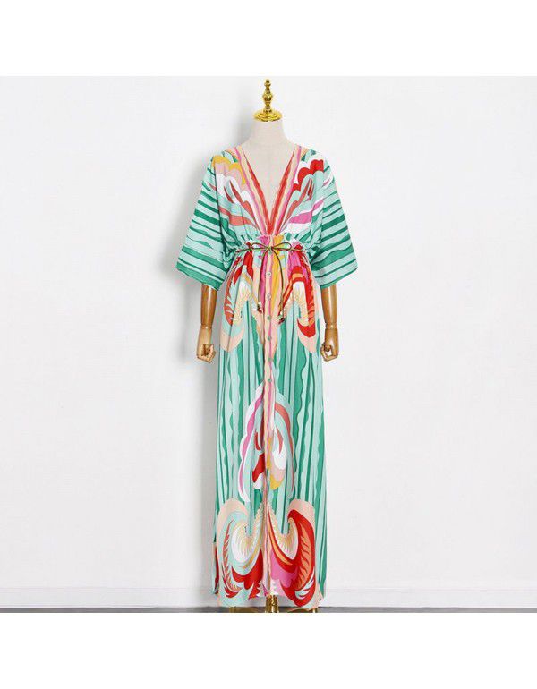 Summer Style Personalized V-Neck Waistband Temperament Print Lace Up Long Dress