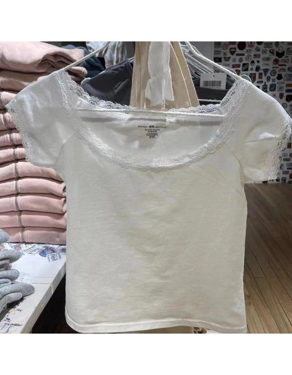 Small crowd design auricle edge bubble sleeve square collar exposed collarbone short sleeve T-shirt female 