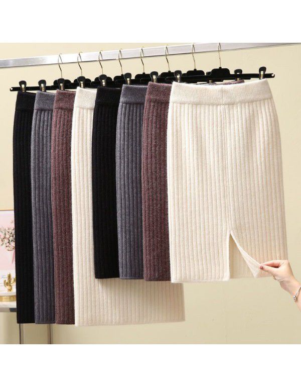 Thickened Split Knitted Halfskirt Wrapped Hip One Step Dress Women's Mid Length Autumn Winter New Long Dress Woolen Skirt 
