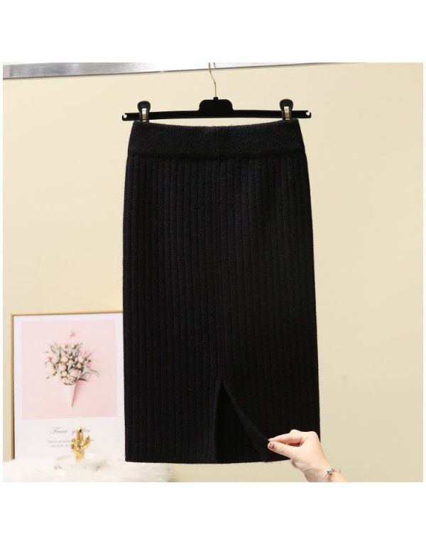 Thickened Split Knitted Halfskirt Wrapped Hip One Step Dress Women's Mid Length Autumn Winter New Long Dress Woolen Skirt 