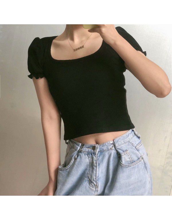 Small crowd design auricle edge bubble sleeve square collar exposed collarbone short sleeve T-shirt female 