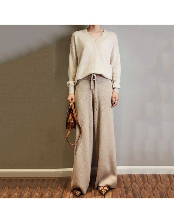 Women's wide leg trousers wear new white knitted trousers in autumn and winter, high waist draping loose wool pants 