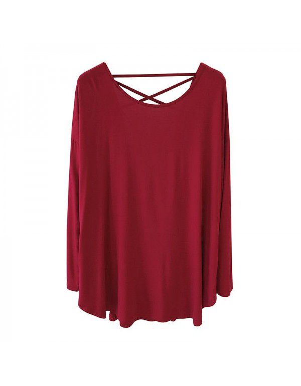 Modal sexy backless long-sleeved T-shirt women's loose large Korean autumn dress solid color draping lazy dance dress 