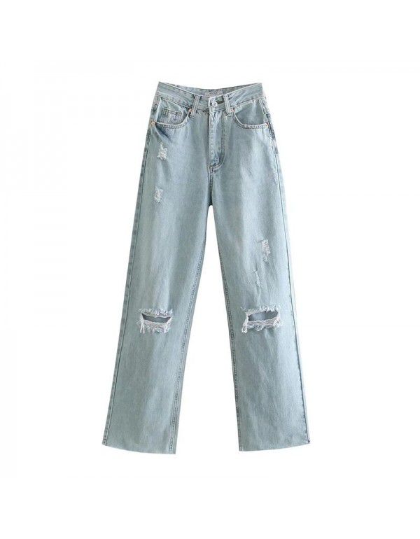 Women's Spring New Style Women's Washable Slim Perforated Decorative Wide Leg High Waist Jeans