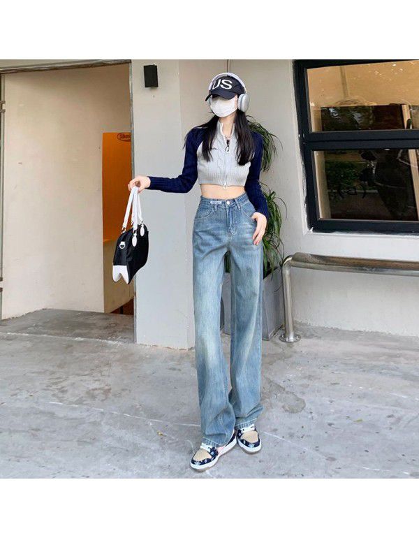 Vintage Blue Straight Leg Jeans Women's Spring New High Waist Loose Fit Slim Small Wide Leg Pants Fashion 