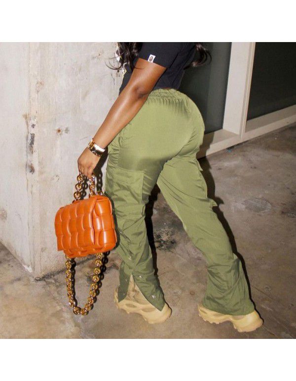 Winter Street Style High Waist Straight Barrel Drawstring Lace Up Button Casual Pants 