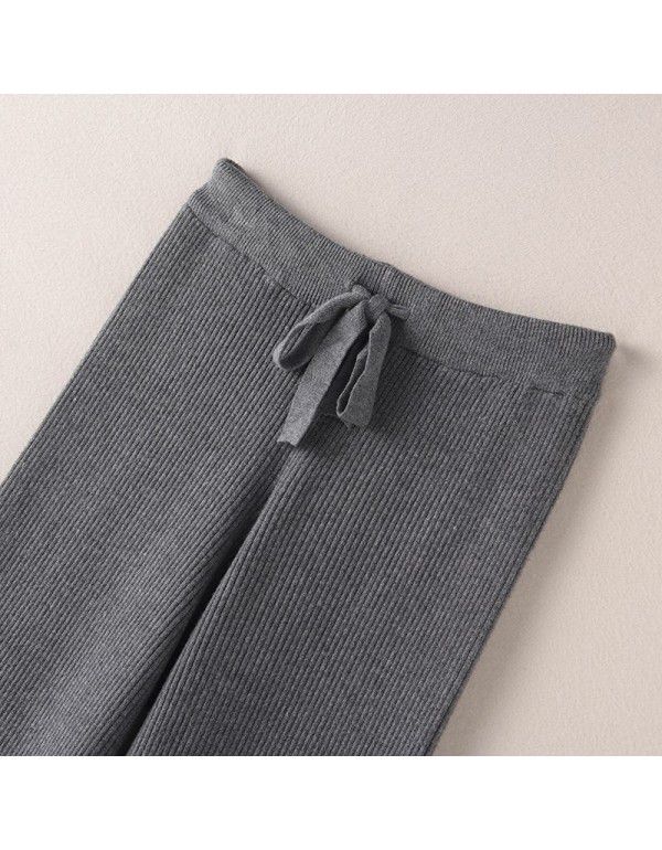 Knitted wide leg pants for women's spring and autumn wear drawstring knitted pants with high waist, straight tube, wide leg, and droop feeling 