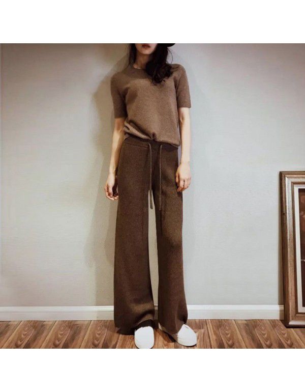 Women's wide leg trousers wear new white knitted trousers in autumn and winter, high waist draping loose wool pants 