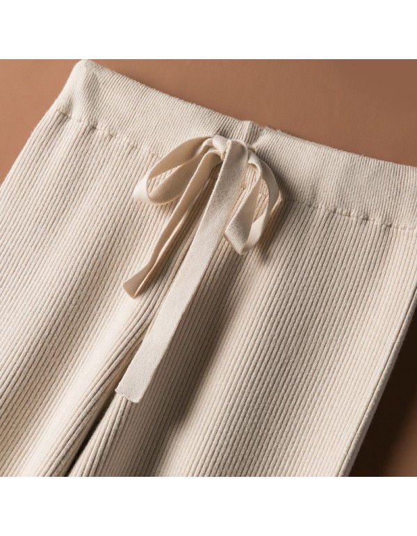 Women's wide leg trousers wear new white knitted trousers in autumn and winter, high waist draping loose wool pants 