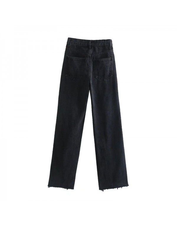 Women's Spring New Style Women's Washable Slim Perforated Decorative Wide Leg High Waist Jeans