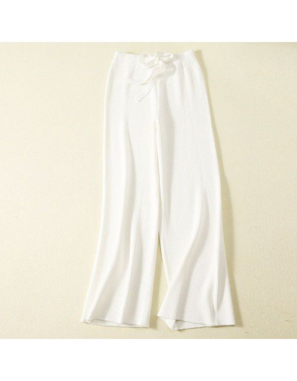 White wool knitted wide leg pants for women in autumn and winter, thickened high waist, thin straight tube, loose and draping casual pants 