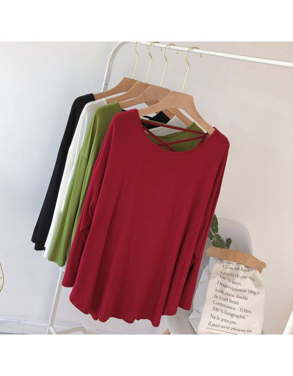 Modal sexy backless long-sleeved T-shirt women's loose large Korean autumn dress solid color draping lazy dance dress 
