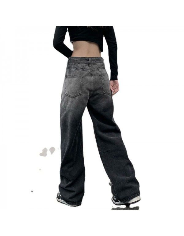 Spring New Korean Wash Stretch Gradient Straight Leg Jeans High Waist Slim Wide Leg Pants