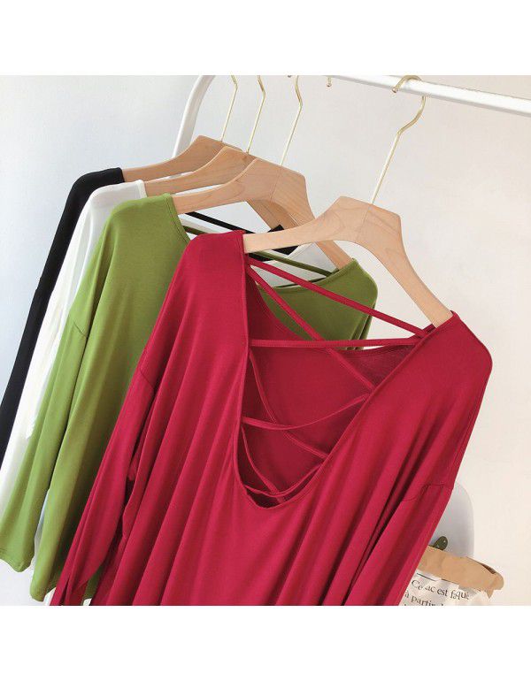 Modal sexy backless long-sleeved T-shirt women's loose large Korean autumn dress solid color draping lazy dance dress 