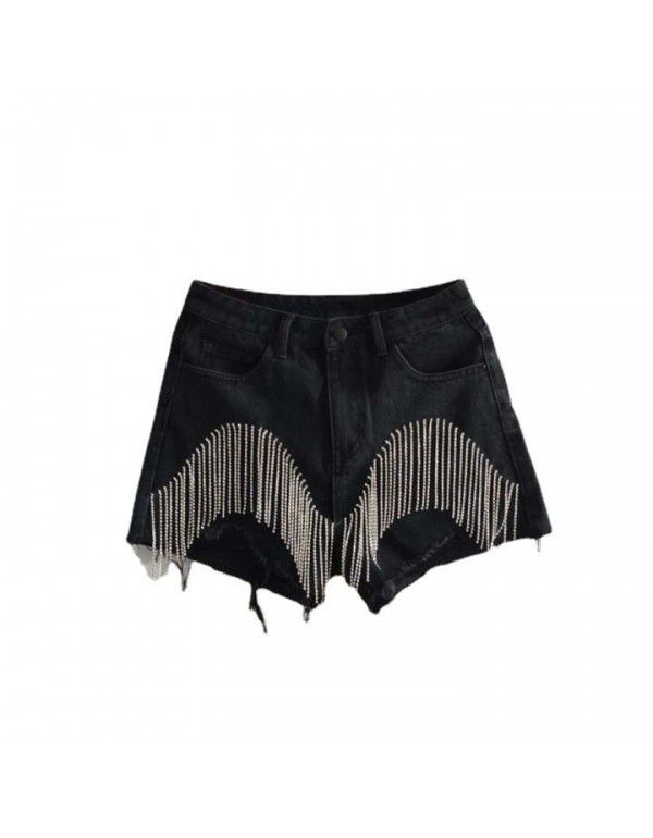 Summer New Breakthrough High Waist Rhinestone Tassel Chain Slim Fit Straight Barrel Denim Shorts Women